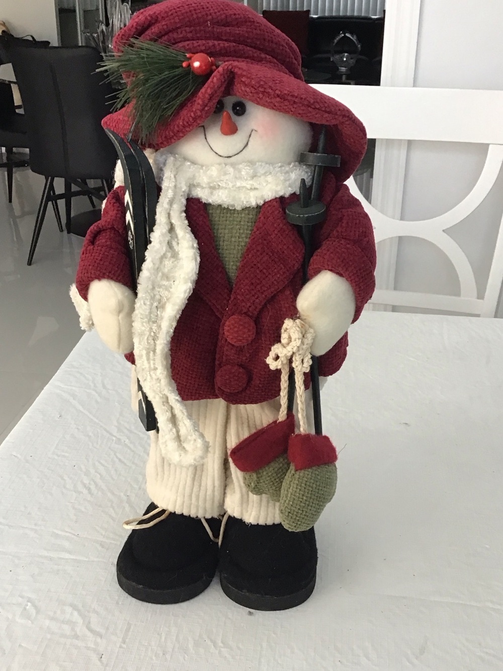 Festive Red Snowman Holiday Figurine with Scarf. ##